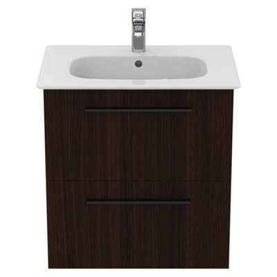 Ideal Standard I.life A Matt Coffee Brown Oak Effect Wall-Mounted Vanity Unit & Basin Set With 2 Black Handle (W)600mm (H)630mm - image 1