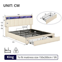 Abrihome 5Ft King Upholstered Bed With Hydraulic Storage & Led Headboard, Adjustable Headboard Storage Bed Frame With Charging Station - thumbnail 8