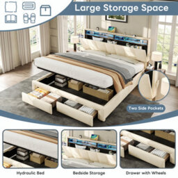 Abrihome 5Ft King Upholstered Bed With Hydraulic Storage & Led Headboard, Adjustable Headboard Storage Bed Frame With Charging Station - thumbnail 7