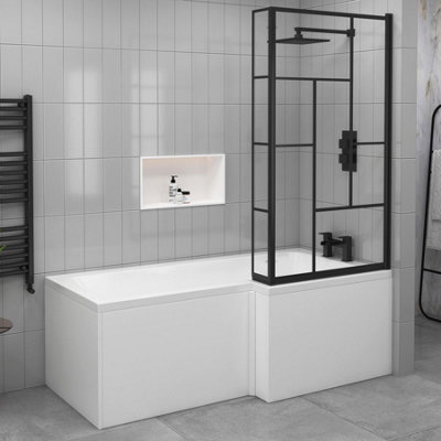 Royal Bathrooms Qubix 1600 X 850mm Acrylic Right Hand L-Shaped Shower Bathtub With Front, End Panel & Matt Black Abstract Grid Screen - image 1