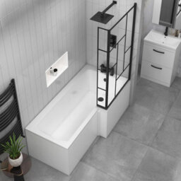 Royal Bathrooms Qubix 1600 X 850mm Acrylic Right Hand L-Shaped Shower Bathtub With Front, End Panel & Matt Black Abstract Grid Screen - thumbnail 4