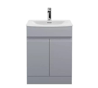 D Pro T Bathrooms 700mm Vanity Unit High Gloss Light Grey Handleless Floor Standing Bathroom Cabinet With Soft Close Storage & Ceramic Basin - image 1