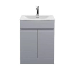 D Pro T Bathrooms 700mm Vanity Unit High Gloss Light Grey Handleless Floor Standing Bathroom Cabinet With Soft Close Storage & Ceramic Basin - thumbnail 1