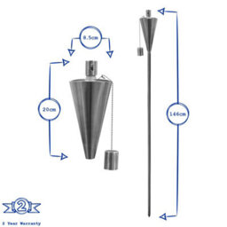 Harbour Housewares 146Cm Metal Garden Torches - Cone - Set Of 2 Silver Outdoor Lighting Oil Fuel Lamp Candle Flame Lantern - thumbnail 3