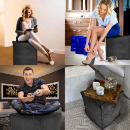 Stylish Pouf Cover 17.7 Inch Black Square Ottoman Footrest - thumbnail 4