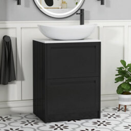 Royal Bathrooms Royal Bathroom Elmore 600mm Matt Nocturne Black Freestanding Bathroom Vanity Unit 2 Drawer Plain White Worktop With Cesar Basin - thumbnail 1