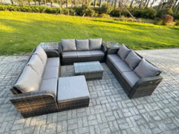 Fimous Rattan Lounge Sofa Set 10 Seater Outdoor Garden Furniture Set With Rectangular Coffee Table 3 Seater Sofa Big Footstool - thumbnail 2