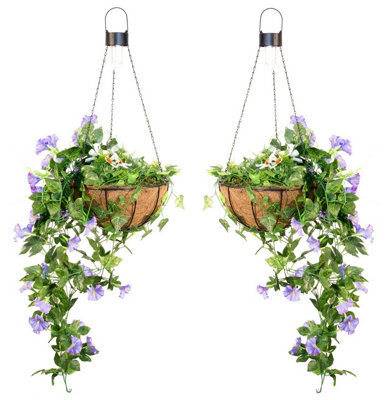Primrose Pair Of Artificial Duranta Purple Flowers Hanging Basket With Solar Light  26Cm - image 1