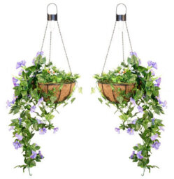 Primrose Pair Of Artificial Duranta Purple Flowers Hanging Basket With Solar Light  26Cm
