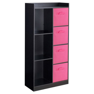 Urbn-Living Urbnliving Height 128Cm Wooden Black 7 Cube Bookcase With Dark Pink Drawers Tall Shelving Display Storage Unit Cabinet - image 1