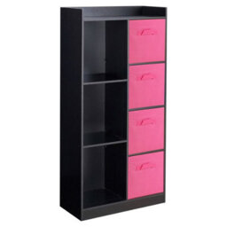 Urbn-Living Urbnliving Height 128Cm Wooden Black 7 Cube Bookcase With Dark Pink Drawers Tall Shelving Display Storage Unit Cabinet