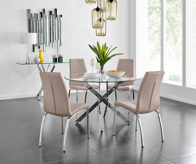 Furniturebox Uk Novara Chrome Metal And Glass Large Round Dining Table And 4 Cappuccino Beige Isco Chairs Set - image 1