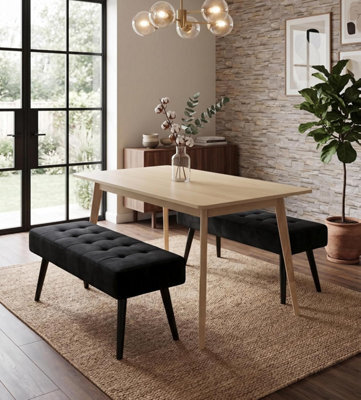 Doubs 3-Piece Dining Table Set With 2 Grey Velvet Benches, Oak Effect Table - image 1