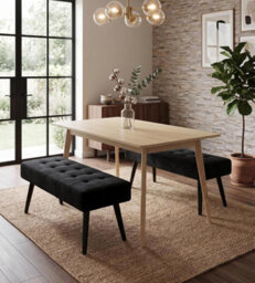 Doubs 3-Piece Dining Table Set With 2 Grey Velvet Benches, Oak Effect Table - thumbnail 1