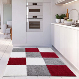 The Rugs Red Grey And Ivory Soft Checkerboard Design Fluffy Shaggy Rugs And Runners High Pile Living Room Kitchen Hallway 381 - thumbnail 6