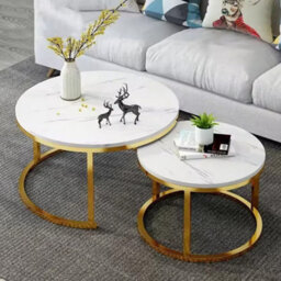 Elegant Round Nesting Coffee Table Set - 2 White Marble Effect Tables With Gold Legs For Living Room - thumbnail 3