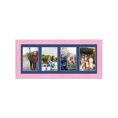AK Frames 50X20Cm Pastel Pink Classic Multi Photo Frame With Blue Mount - Holds 4 Apertures (4X) 6X4 Photos - image 1
