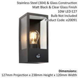 Matt Black Outdoor Wall Light & Pir Sensor - Rectangular Lantern - Clear Glass - thumbnail 2