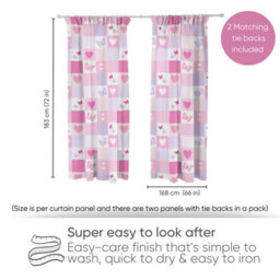 Bloomsbury Mill - Hearts & Butterflies Curtains For Kids Bedroom - Lined Curtain Pair Inc Tie Backs 66 X 72 Inch Or 168Cm X 183Cm - thumbnail 2