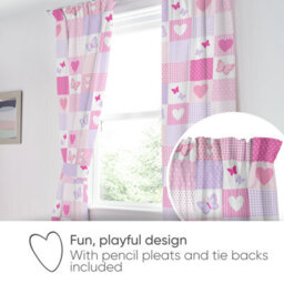Bloomsbury Mill - Hearts & Butterflies Curtains For Kids Bedroom - Lined Curtain Pair Inc Tie Backs 66 X 72 Inch Or 168Cm X 183Cm - thumbnail 5