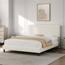 Yaheetech Chenille Upholstered King Bed Frame 150X200Cm Beige Fabric Bed