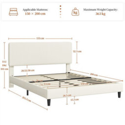 Yaheetech Chenille Upholstered King Bed Frame 150X200Cm Beige Fabric Bed - thumbnail 3
