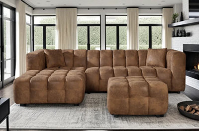 Faux Leather Suede Brown Left Hand Facing Corner Sofa With Ottoman - image 1
