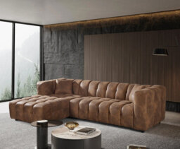 Faux Leather Suede Brown Left Hand Facing Corner Sofa With Ottoman - thumbnail 2