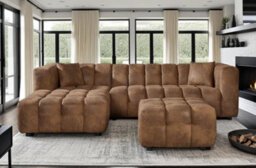 Faux Leather Suede Brown Left Hand Facing Corner Sofa With Ottoman - thumbnail 1