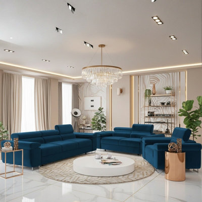 Torezio 3 2 1 Living Room Sofa Set Chipboard Frame Hr Foam Wavy Spring Wooden Frame Adjustable Headrests Blue - image 1
