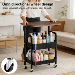 3 Tier Storage Trolley Cart With Table Desk Kitchen Bathroom Rolling Rack Shelf - thumbnail 3