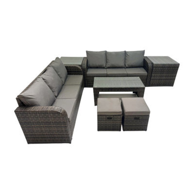 Fimous Rattan Garden Outdoor Furniture Set 3 Seater Sofa Coffee Table With 2 Side Tables 2 Small Footstools Dark Grey Mixed - image 1