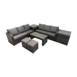 Fimous Rattan Garden Outdoor Furniture Set 3 Seater Sofa Coffee Table With 2 Side Tables 2 Small Footstools Dark Grey Mixed - thumbnail 2