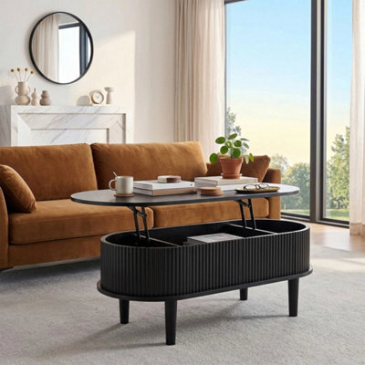 Black Lift Top Coffee Table Oval Wooden Center Table With 3 Compartment Hidden Storage - image 1