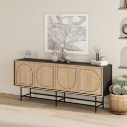 Decortie Modern Joji Sideboard 4 Storage Shelves With 4 Doors Console Table 187(W)Cm Sturdy 6 Metal Legs 28(H)Cm Silky Black, Oak - thumbnail 1