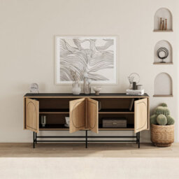 Decortie Modern Joji Sideboard 4 Storage Shelves With 4 Doors Console Table 187(W)Cm Sturdy 6 Metal Legs 28(H)Cm Silky Black, Oak - thumbnail 6