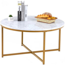 Marble Look Round Coffee Table White, Lightweight Centre Table W/golden Metal Legs, 80Cm Diameter, Modern Industrial Style