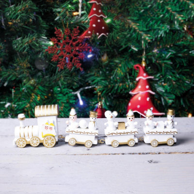 Wooden Train Set Christmas Decoration With 3 Detachable Carriages & Snowman Figurines - Traditional Festive Xmas Ornament - image 1