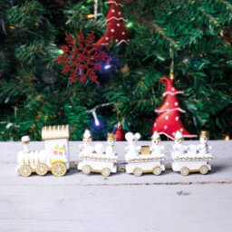 Wooden Train Set Christmas Decoration With 3 Detachable Carriages & Snowman Figurines - Traditional Festive Xmas Ornament - thumbnail 1