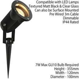 Ip44 Outdoor Ground Spike Lamp Wall & Sign Garden Light Gu10 Matt Black & Glass - thumbnail 2