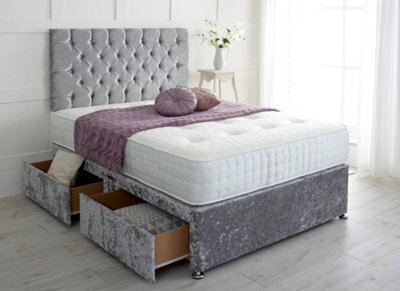 Adore Designs Chesterfield Crushed Velvet Divan Bed, With Pocket Mattress - 3Ft Single - Grey - 2 Drawers Same Side - image 1