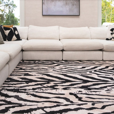Loomed Zebra Print Cotton Chenille Rug Black White Machine Washable 200Cm X 290Cm - image 1
