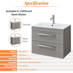 Plum&clay Novela Grey Wood Wall Hung Vanity Unit With Glass Basin Bathroom Furniture (W)515mm - thumbnail 4