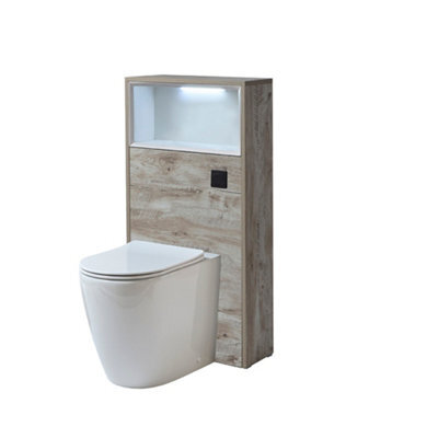Homestylestore 600mm Light Oak Wc Unit Led Lit Shelf Toilet Pan With Black Flush Button - image 1