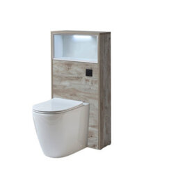 Homestylestore 600mm Light Oak Wc Unit Led Lit Shelf Toilet Pan With Black Flush Button - thumbnail 1