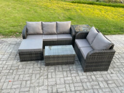 Fimous 6 Seater Rattan Wicker Garden Furniture Patio Conservatory Sofa Set With Coffee Table Big Footstool Side Table - thumbnail 2