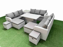 Fimous 8 Pieces Garden Rising Dining Table High Back Inclining Sofa Set 2 Big Footstool 2 Small Stool 1 Side Table Light Grey - thumbnail 2