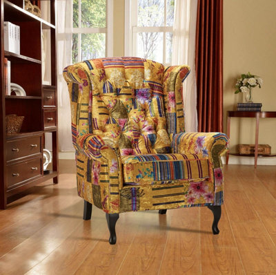 Patchwork Wingback Armchair Fabric Chesterfield Button Back Scroll Arms - image 1