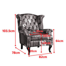 Patchwork Wingback Armchair Fabric Chesterfield Button Back Scroll Arms - thumbnail 6