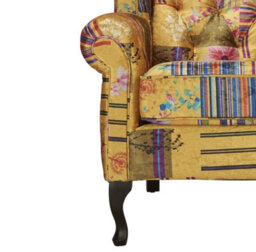 Patchwork Wingback Armchair Fabric Chesterfield Button Back Scroll Arms - thumbnail 3